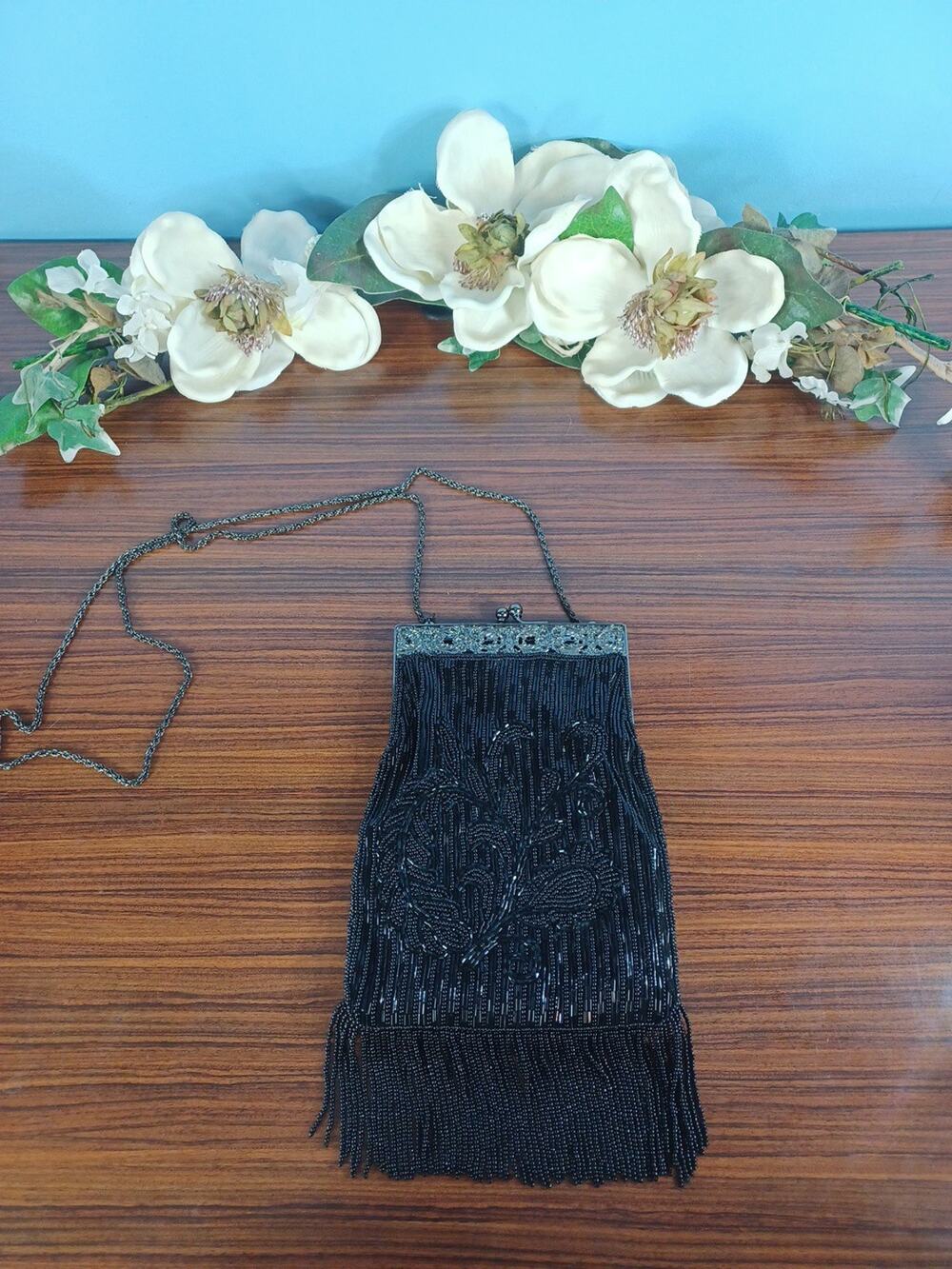 Valerie Stevens Beaded Fringe Roaring Twenties Purse Black Handmade Beautiful